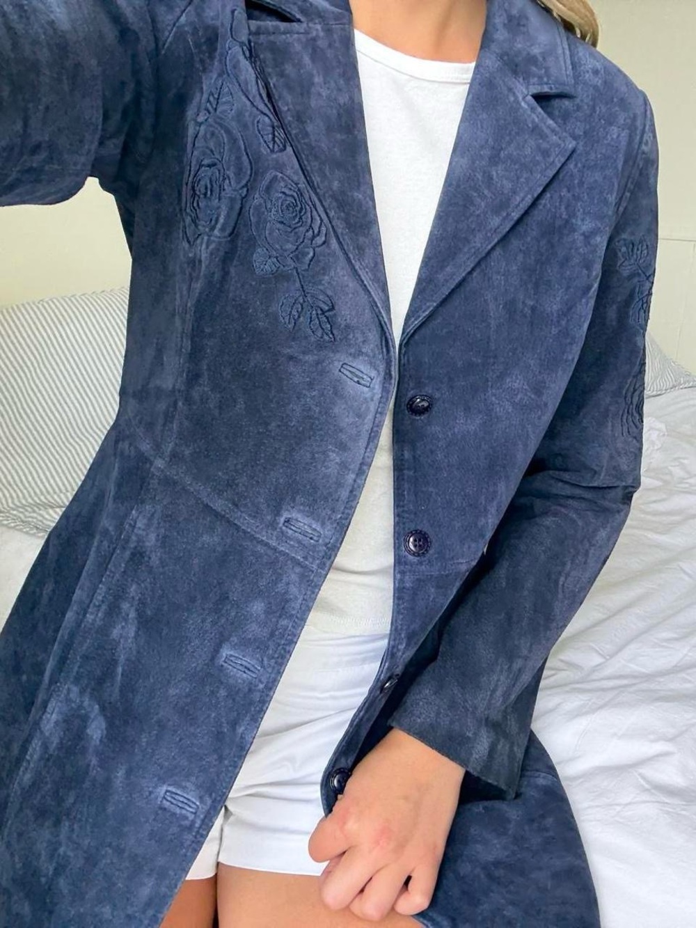 Women's Navy Suede Long Coat with Embroidered Detail - Picture 3 of 6